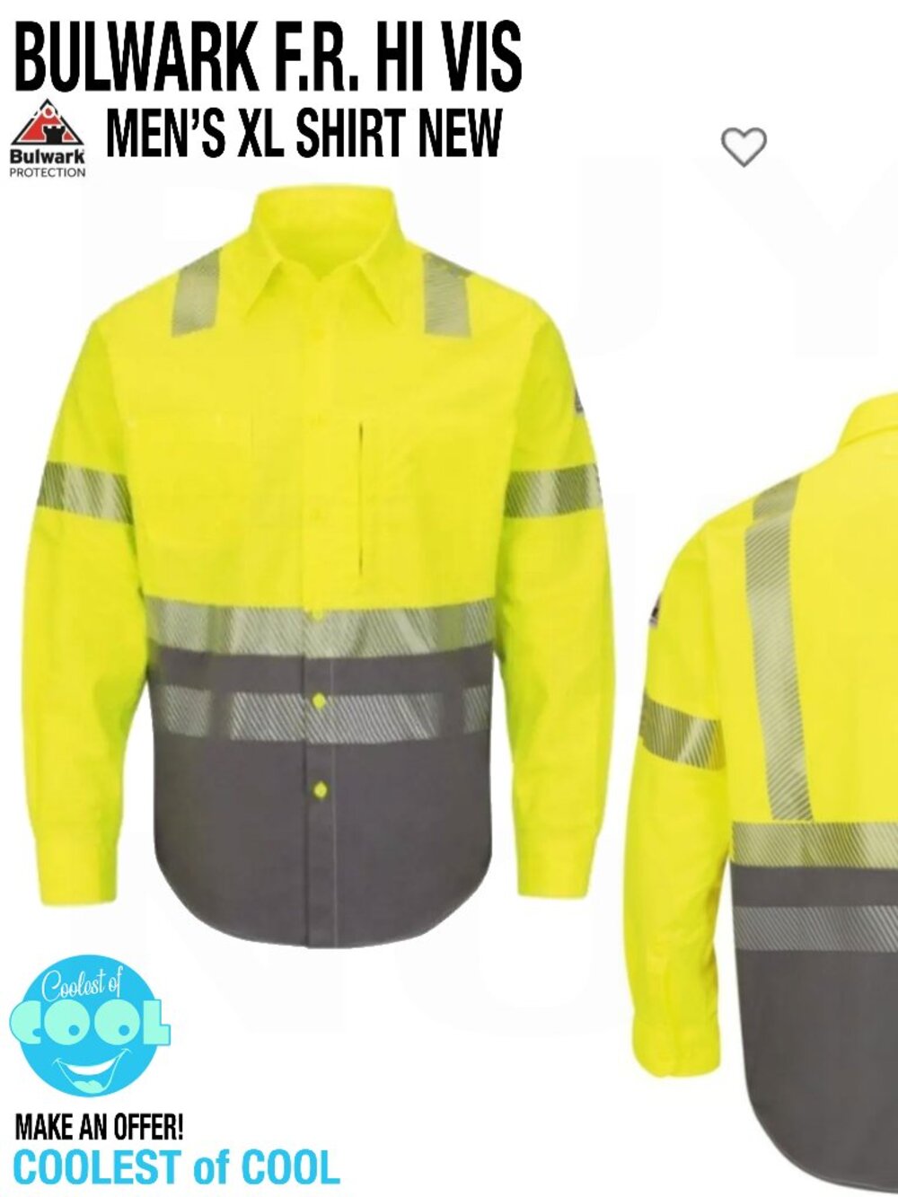 BULWARK SLB4HG RG Men's XL Flame-Resistant Collar button Shirt Hi VIS 458L60 NWT